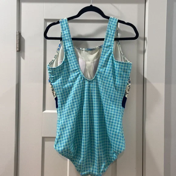 EUC Women’s Lands End One-Piece Blue Floral Gingham Check Swim Bathing Suit 18W - Picture 6 of 9